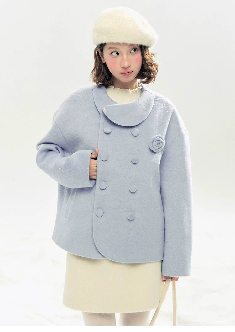 "Rose Manifesto" Frosted Blue Double-Breasted Quilted Wool-Blend Peacoat