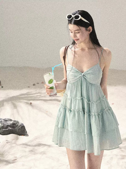 "Mossy Stone Steps" Primrose Green Tiered Cami Mini Dress