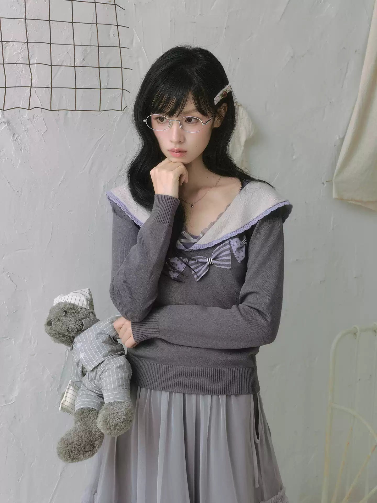 "Sage Whisper" Ethereal Layered Collection (Sailor Knit Sweater / Pleated Midi Skirt / Mesh Overlay Skirt)