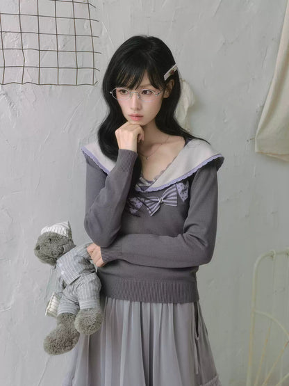 "Sage Whisper" Ethereal Layered Collection (Sailor Knit Sweater / Pleated Midi Skirt / Mesh Overlay Skirt)