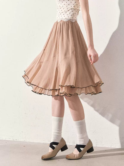 "Summer Café Encounter" Chocolate Knit Cardigan, Floral Lace Cami & Mocha Chiffon Skirt Set