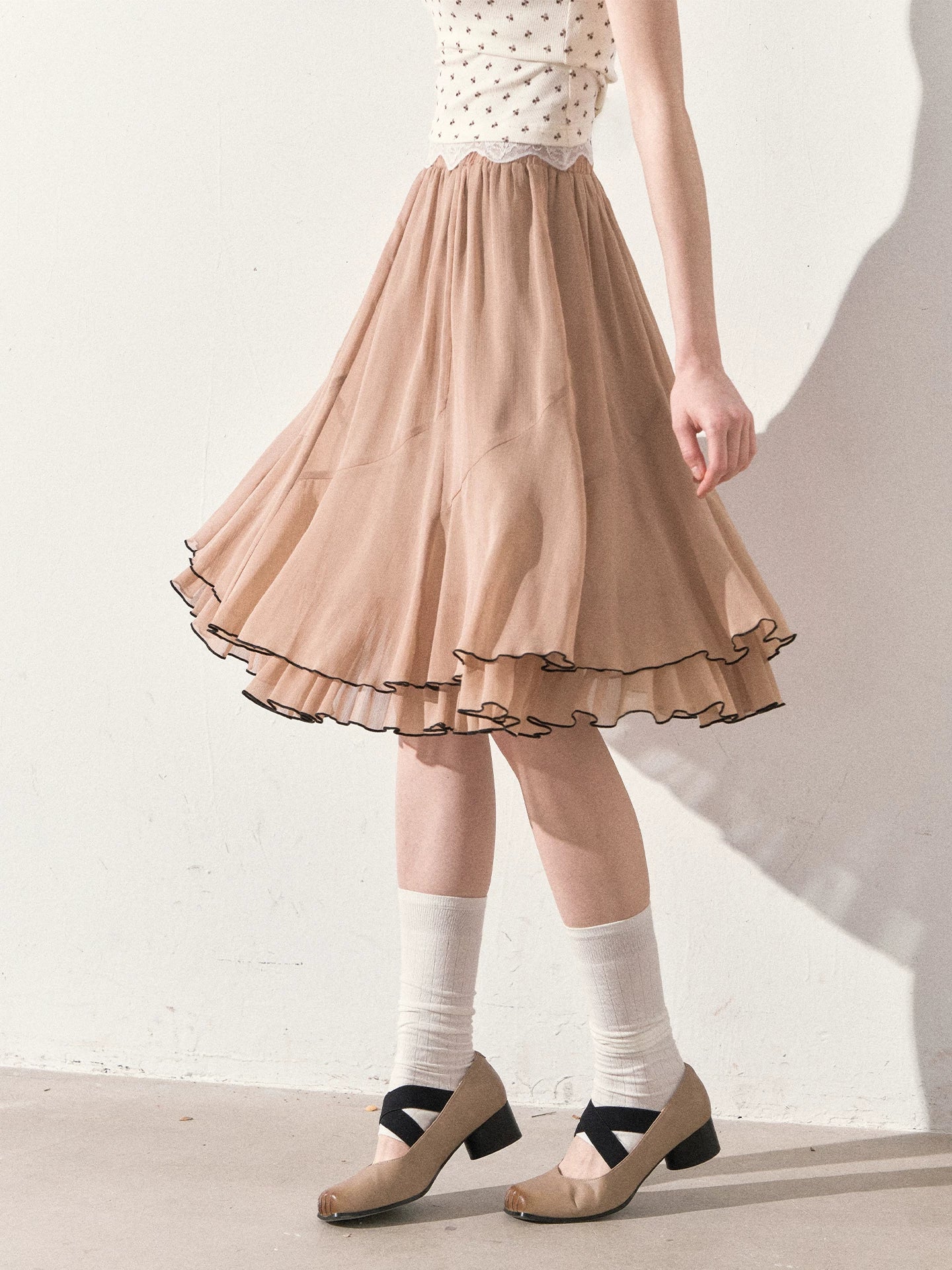 "Summer Café Encounter" Chocolate Knit Cardigan, Floral Lace Cami & Mocha Chiffon Skirt Set