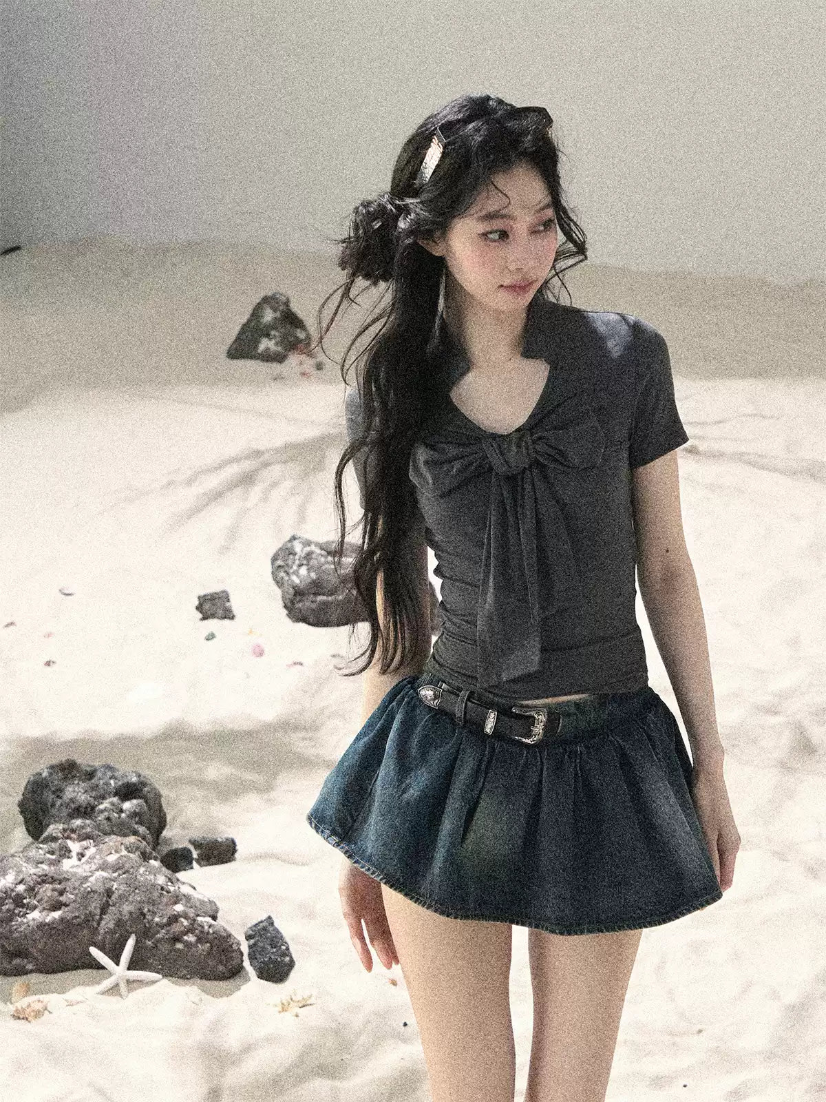 "Breeze Through the Bow" Slate Gray V-Neck Crop Top