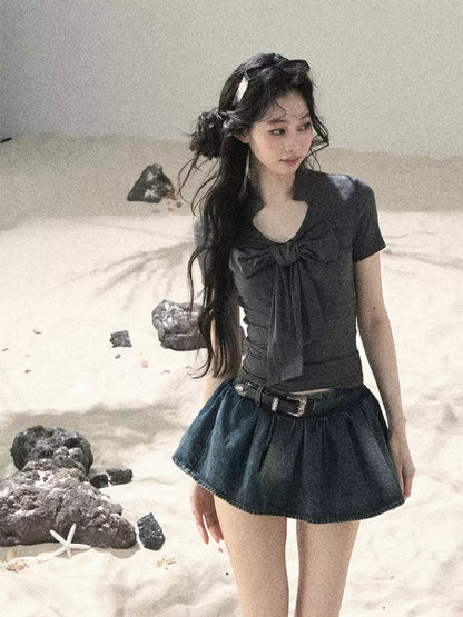 "Breeze Through the Bow" Slate Gray V-Neck Crop Top
