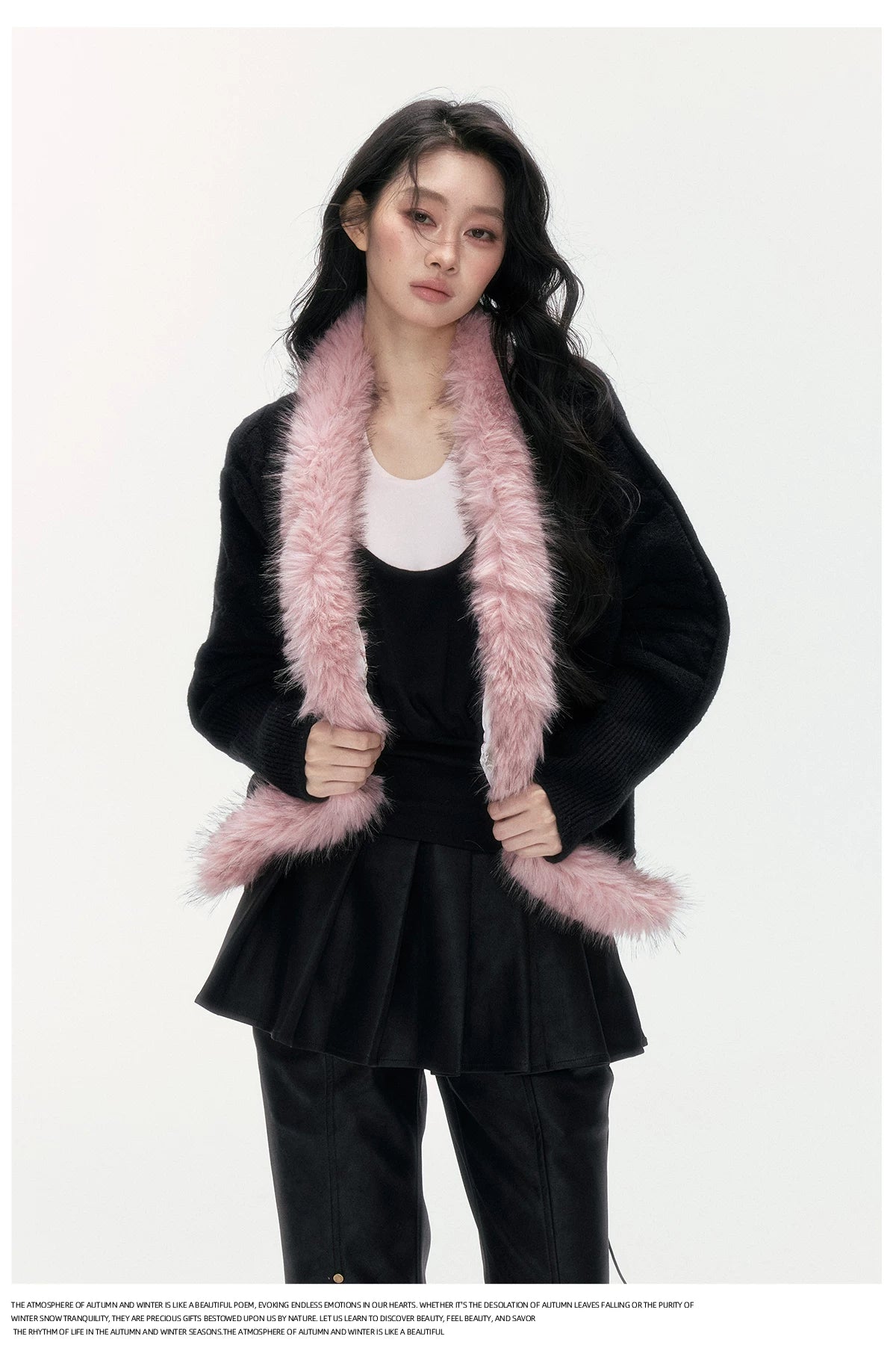 24olvides - Black Pink Cable Knit Cardigan with Detachable Faux Fur Collar