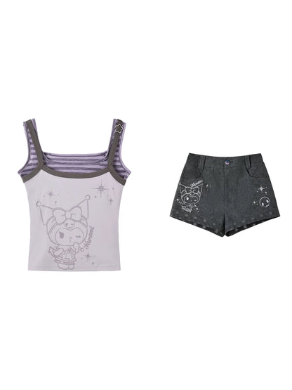170726K "Twilight Rebel" Gray Purple Layered Summer Collection (Layered Cami Top / Casual Shorts)