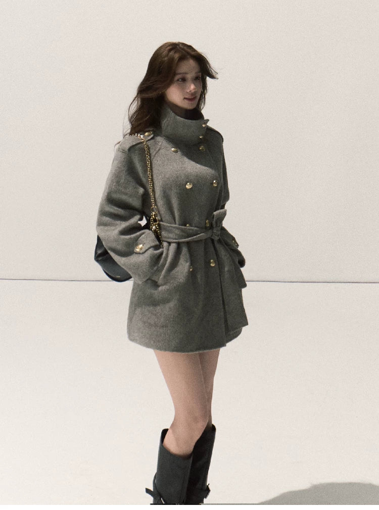 OAKMOO/ Pure Wool Belted Double-Faced Stand Collar Coat (Silver Blue / Flint Gray)