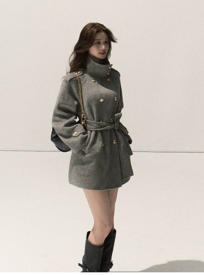 OAKMOO/ Pure Wool Belted Double-Faced Stand Collar Coat (Silver Blue / Flint Gray)