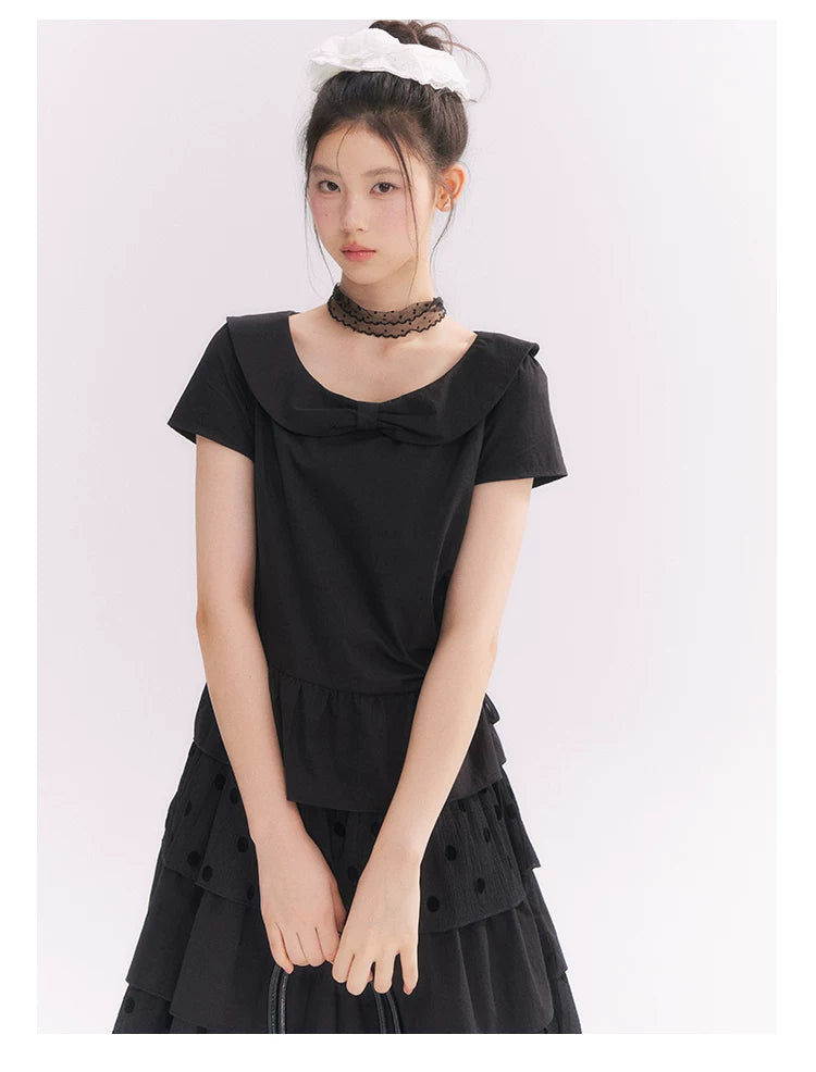 “Midnight Sweetheart” Black Korean-Style Bow Polka Dot Tiered Dress