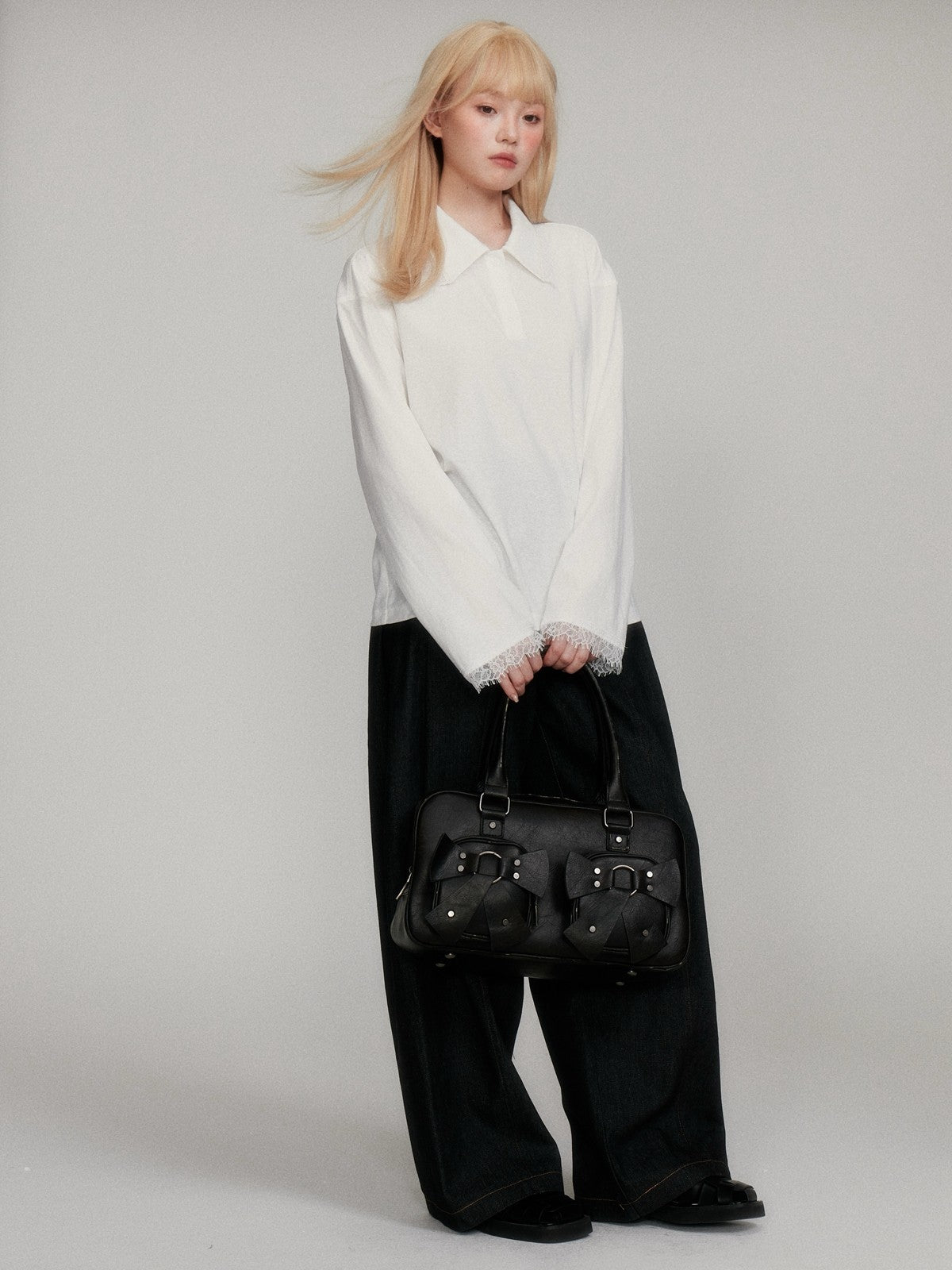 “Lash-Lace Soft Drape” White Polo Long-Sleeve Base Top M6678