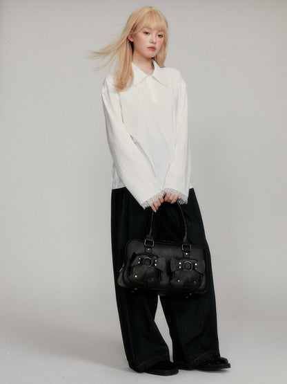 “Lash-Lace Soft Drape” White Polo Long-Sleeve Base Top M6678