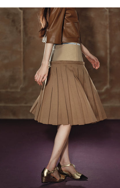 "Scholarly Muse" Khaki Faux Leather Jacket & Mixed-Media Pleated A-Line Skirt Set