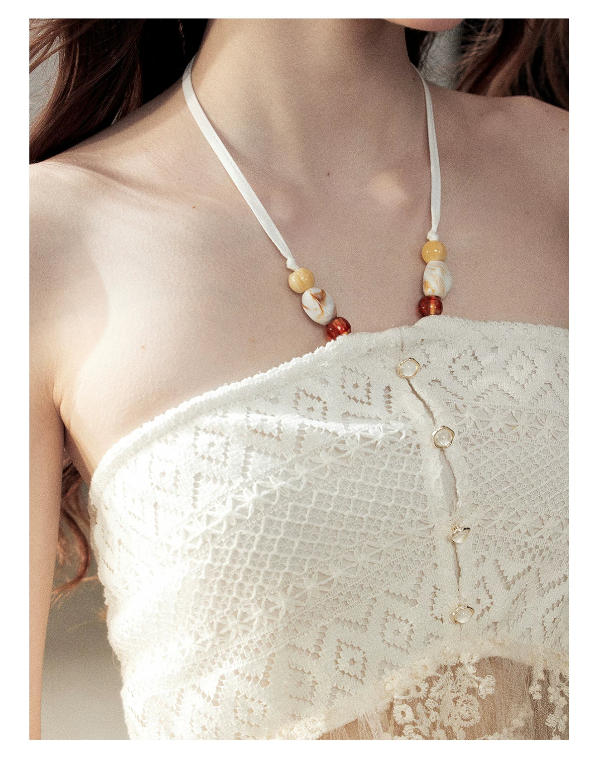 "Where the Waves Meet Her" Creamy Apricot White Lace Halter Sheer Top