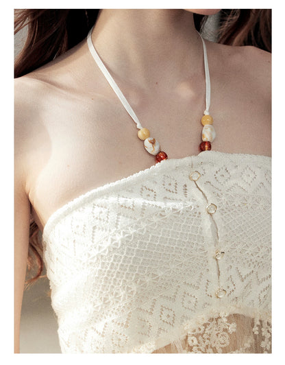 "Where the Waves Meet Her" Creamy Apricot White Lace Halter Sheer Top