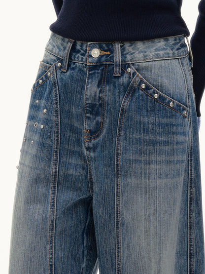 ASGONY - Y2K Studded Curved-Cut Wide Leg Jeans
