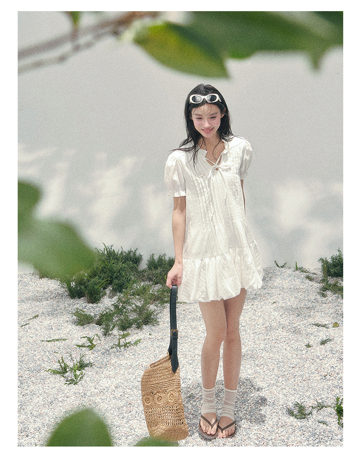“Soft Pleats in Motion” Camellia White Bubble Mini Dress