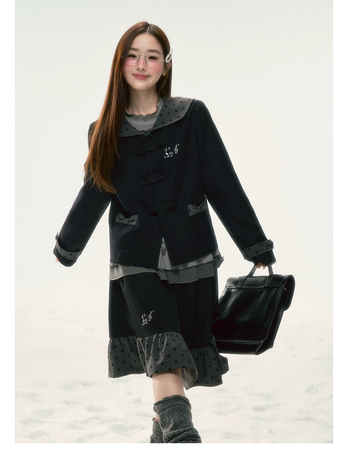 BIBIBENCY - Black Preppy Double-Breasted Cropped Jacket & Skirt