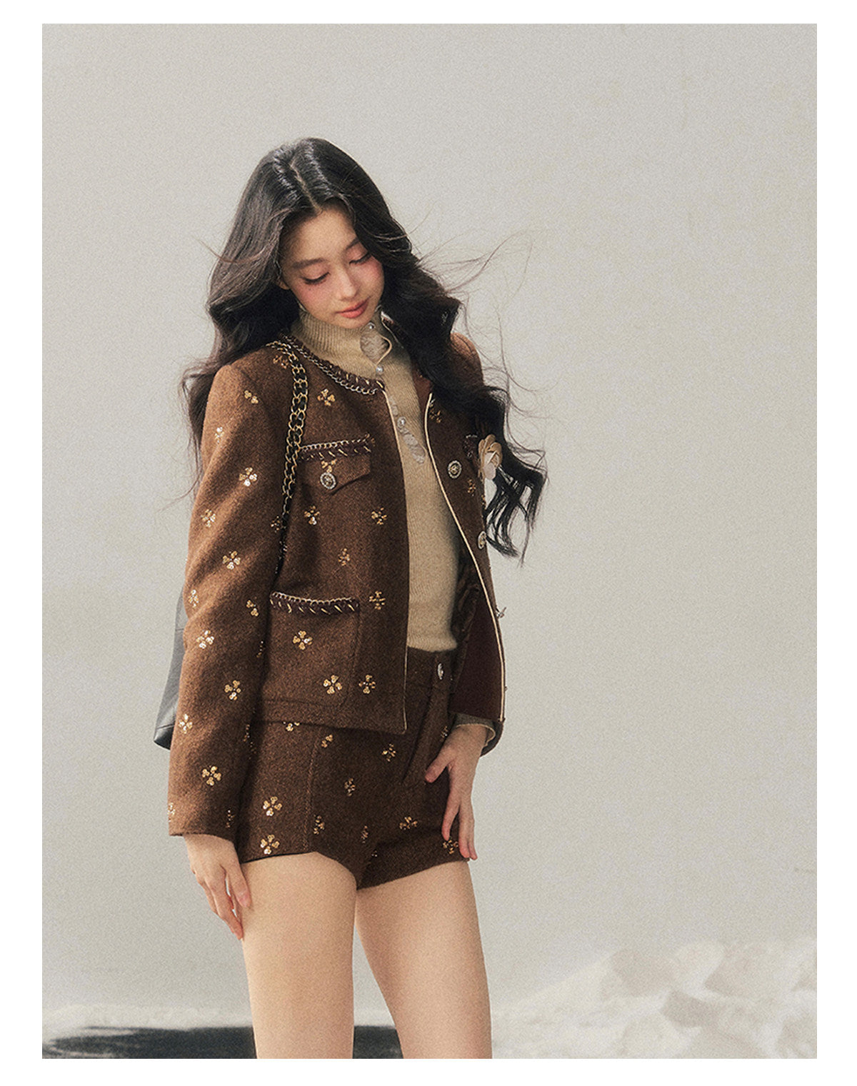 少也眼 "Deep Winter Wutong" Quilted Wool Tweed Two-Piece Set