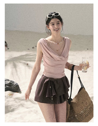 "Layered Petals in Motion" Chestnut Brown Ruffle Skort 5324853