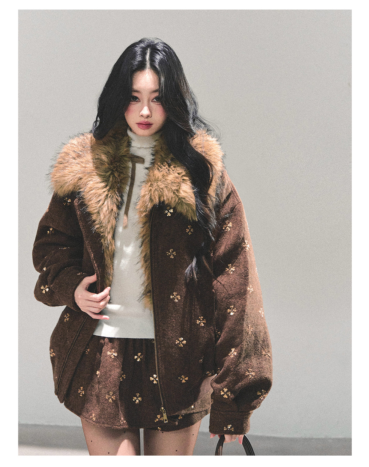 少也眼 “Whispers of Snowfall” Wool-Blend Quilted Two-Piece Set 453454