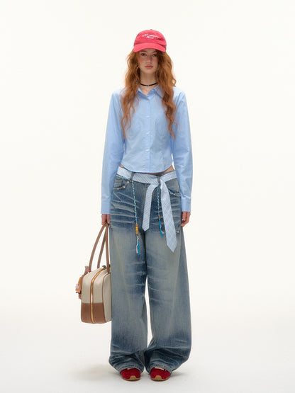 ASGONY - Preppy Embroidered Cropped Shirt (Blue)