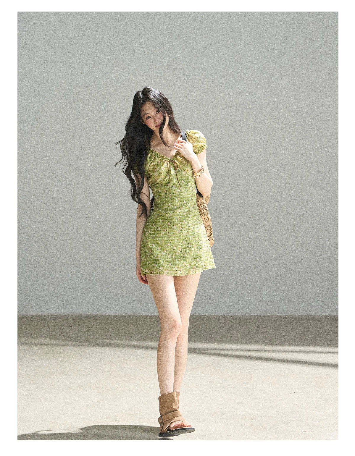 "Breath of the Forest" Misty Sage Embroidered Chiffon Mini Dress