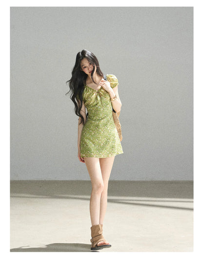 "Breath of the Forest" Misty Sage Embroidered Chiffon Mini Dress