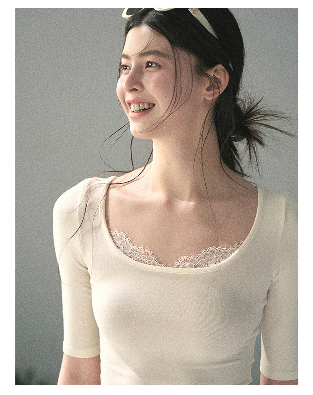“Soft Winds in Lace” Ivory Lace Trim Fitted Top