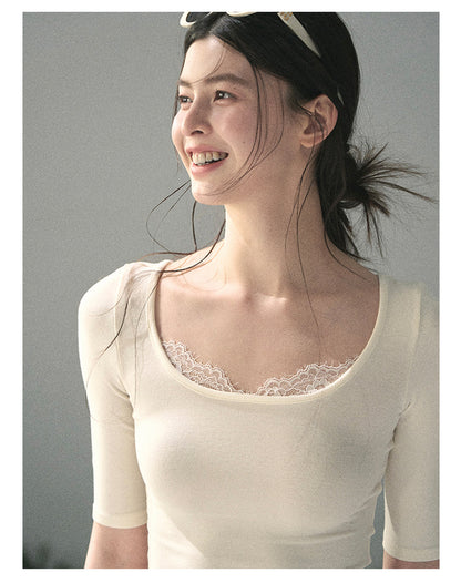 “Soft Winds in Lace” Ivory Lace Trim Fitted Top