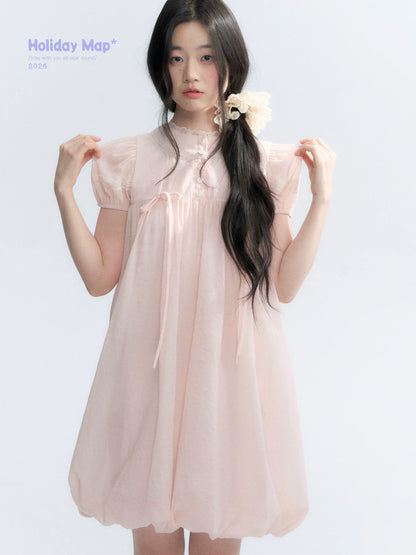 "Little Princess" Strawberry Pink Lace Bow Bubble Hem Midi Dress