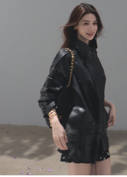 OAKMOO/ Belted Double-Breasted Trench Jacket (Deep Black / Hazel Khaki)