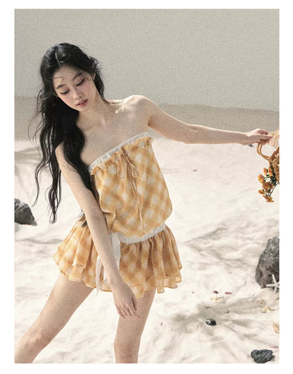 "Breeze Upon the Waves" Cheese Yellow Off-Shoulder Diamond Quilted Mini Dress