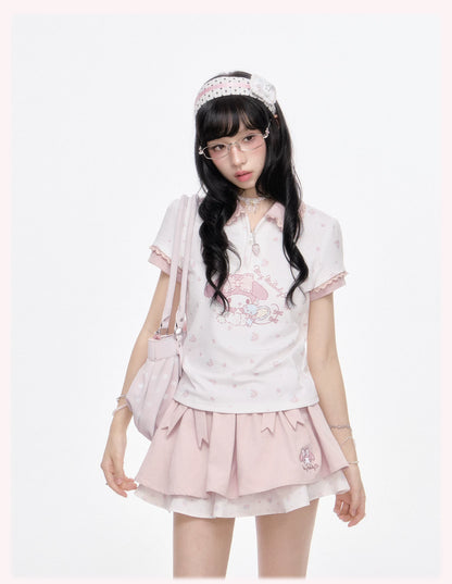 “Melody Blossom” Pink Floral Polo & Layered Skort Set