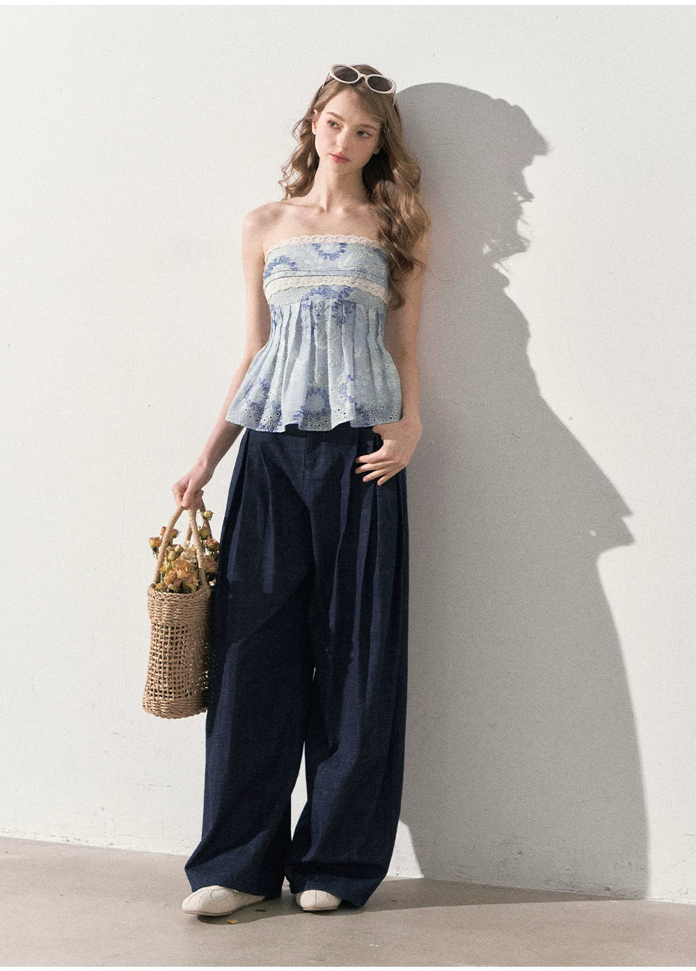 "Weekend Market" Blue Porcelain Peplum Tube Top