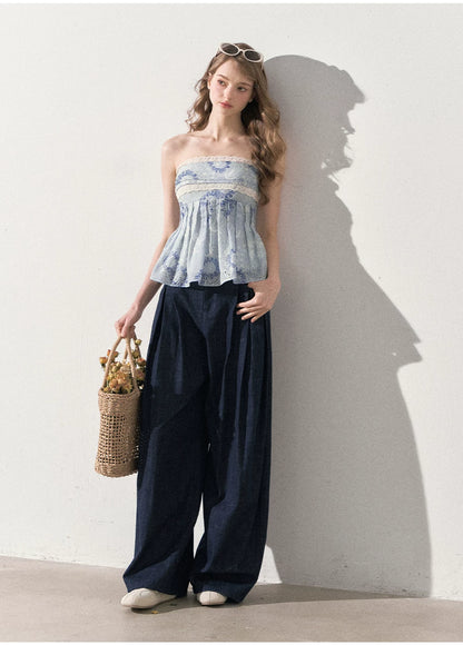 "Weekend Market" Blue Porcelain Peplum Tube Top