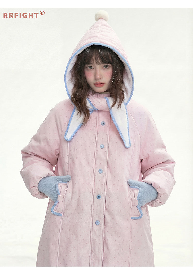 阮阮自制 - Berry Cream Pink Polka Dot Hooded Corduroy Padded Jacket