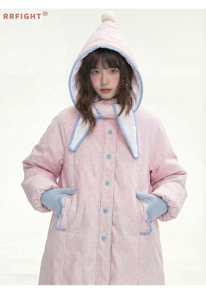 阮阮自制 - Berry Cream Pink Polka Dot Hooded Corduroy Padded Jacket