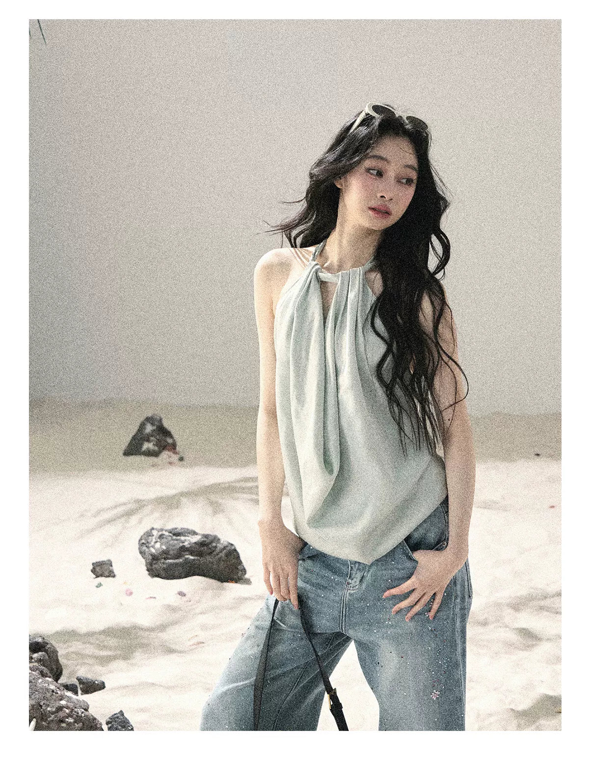"Flowing Silk Reverie" Light Bean Green Halter Backless Top 536845