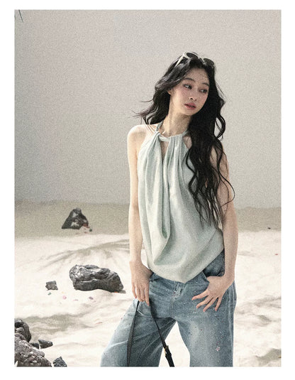 "Flowing Silk Reverie" Light Bean Green Halter Backless Top 536845