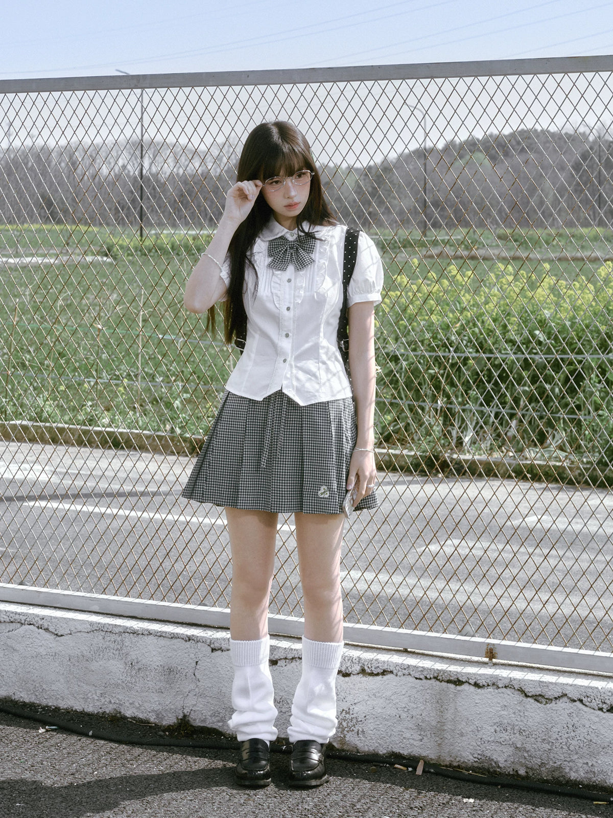 “Spring Day” White & Green School Blouse & Plaid Skirt Set