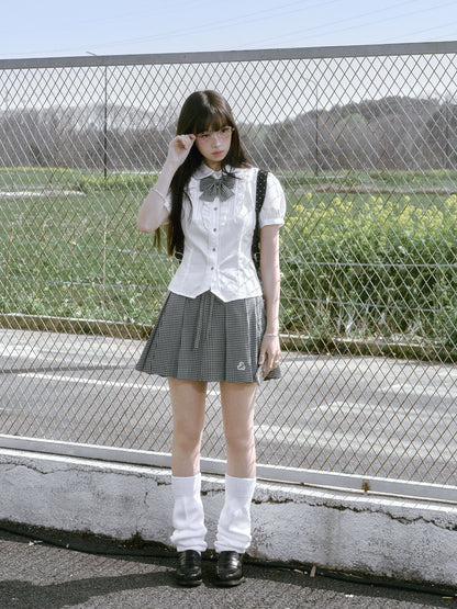 “Spring Day” White & Green School Blouse & Plaid Skirt Set