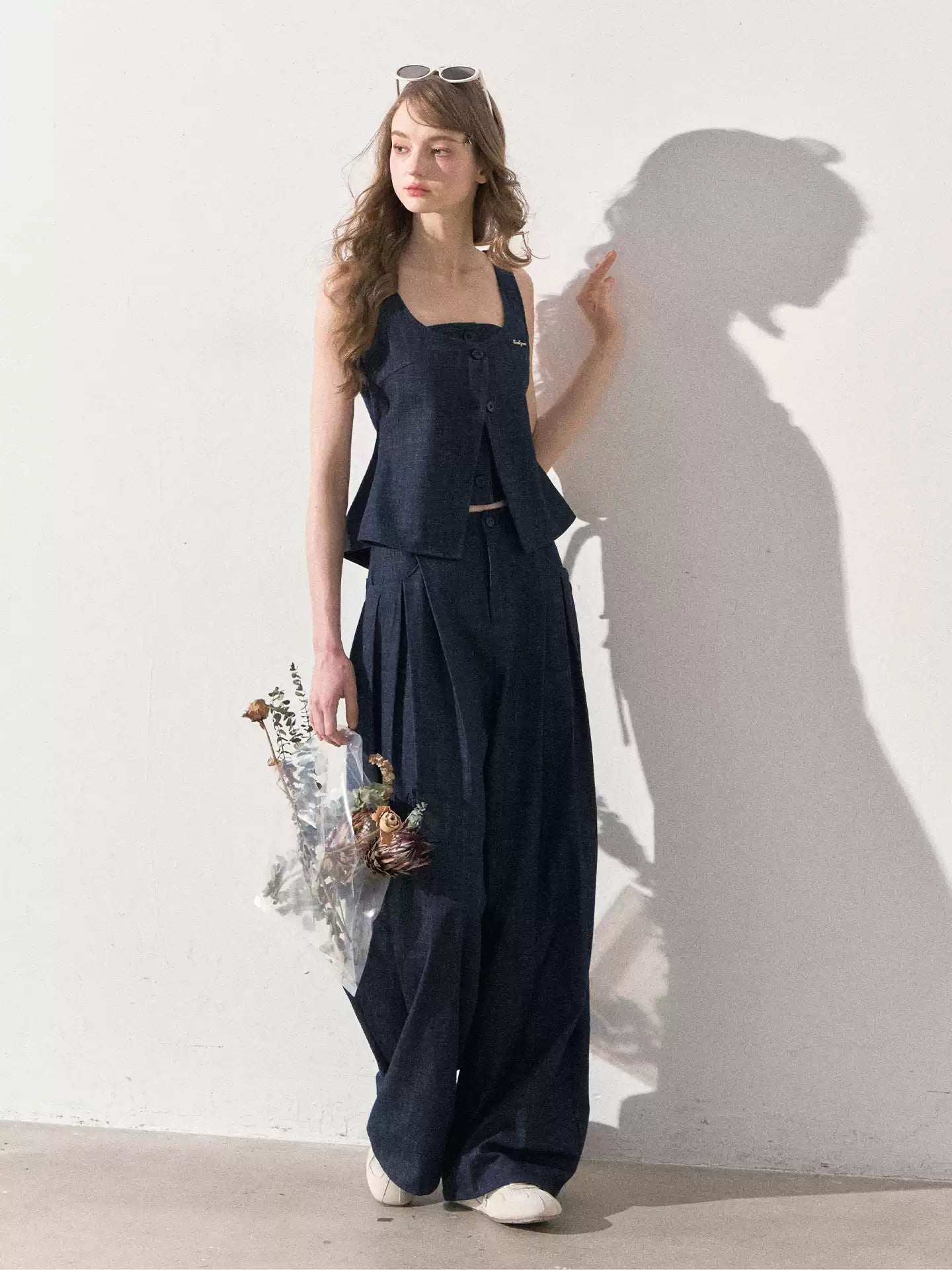 "Season of Ease" Vintage Navy Faux Denim Vest & Wide-Leg Pants Set