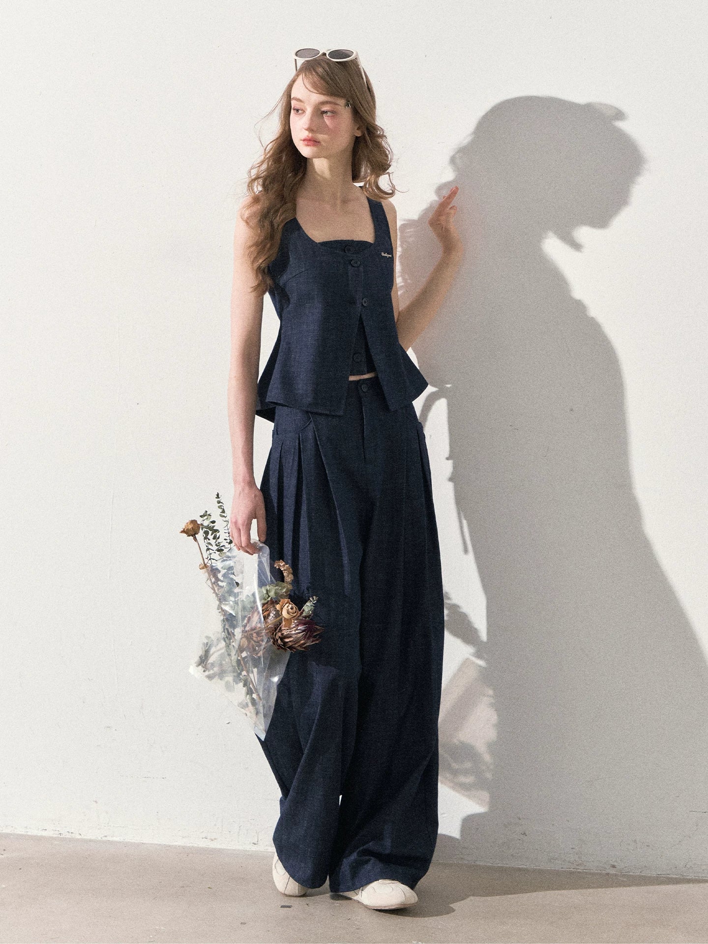 "Season of Ease" Vintage Navy Faux Denim Vest & Wide-Leg Pants Set