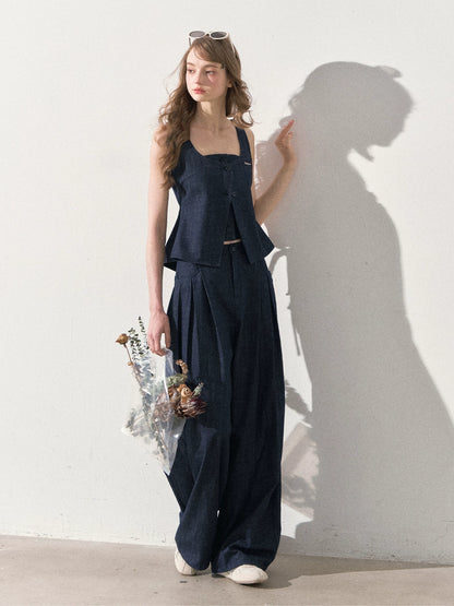 "Season of Ease" Vintage Navy Faux Denim Vest & Wide-Leg Pants Set