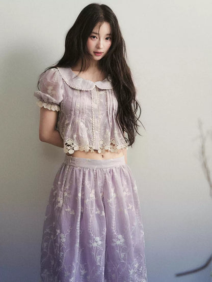 1P - Light Purple Lace Embroidered Peter Pan Collar Two-Piece Set
