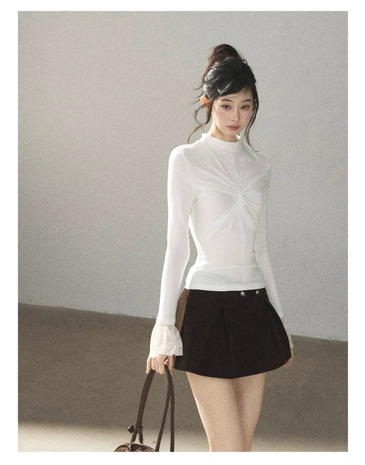 AOMALM - “Pleated Afterglow” Creamy Almond Twist-Front Mock Neck Long-Sleeve Top