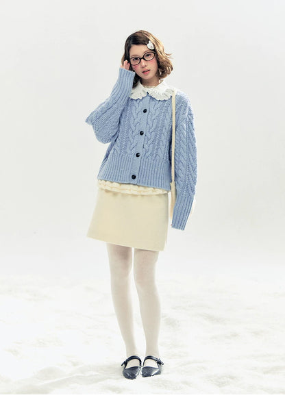 "Cotton Mousse" Cable Knit Cardigan with Detachable Ruffle Collar (Cotton Blue/ Soft White)