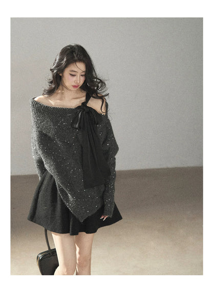 AOMALM - "Starlit Reverie" Sequin Off-Shoulder Sweater with Satin Bow - Paris Gray