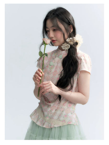 "Lime Mille-Feuille Glow" Peach Mist Chinese-Inspired Short Sleeve Top & Lime Green Tulle Tiered Skirt Set
