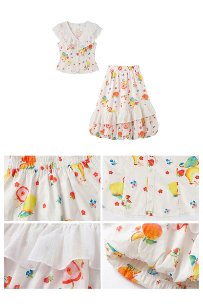 “Honeyfruit Summer Breeze” Beige Printed Skirt Set